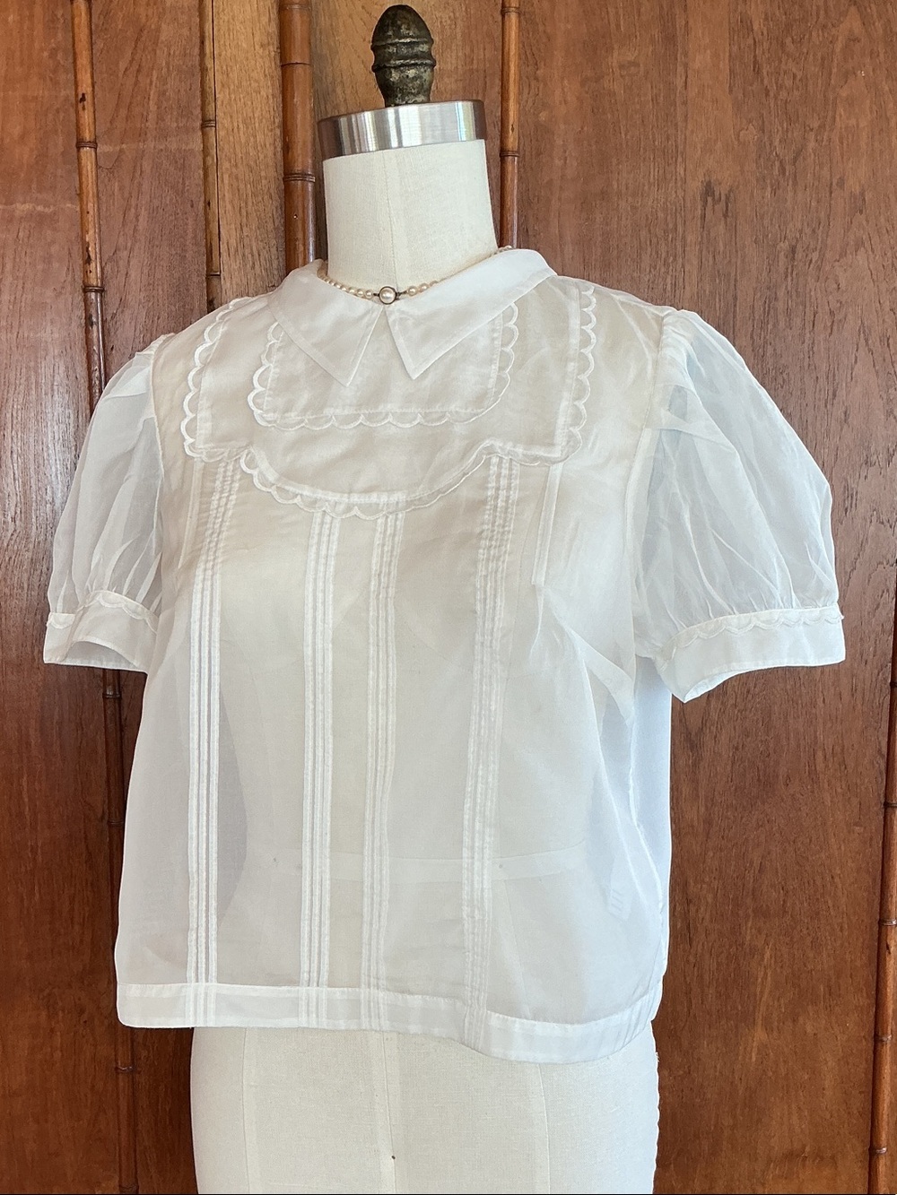 Maeve by Anthropologie Sheer White Scalloped Organza Bib Puff Sleeve Blouse